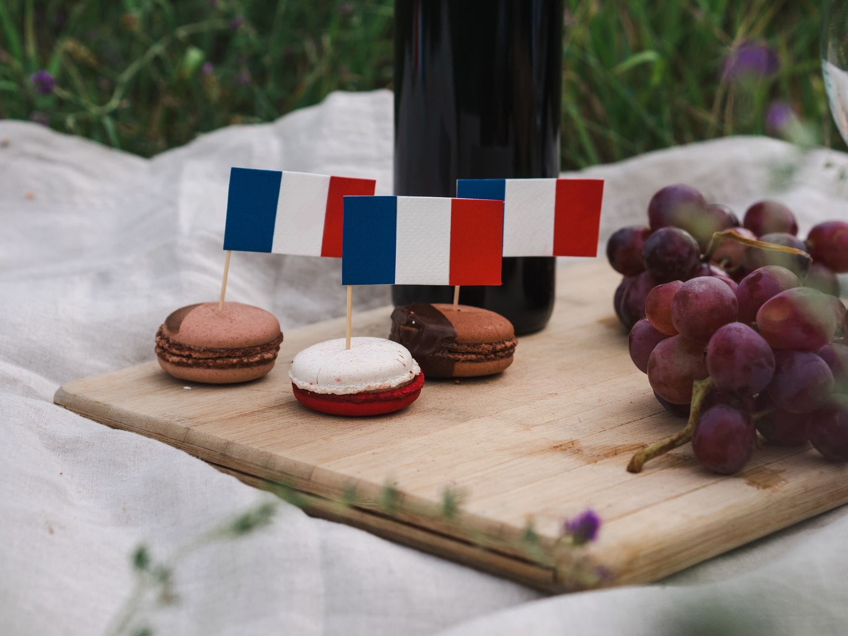 Makaroniki z francuskimi flagami na pikniku z winem i winogronami