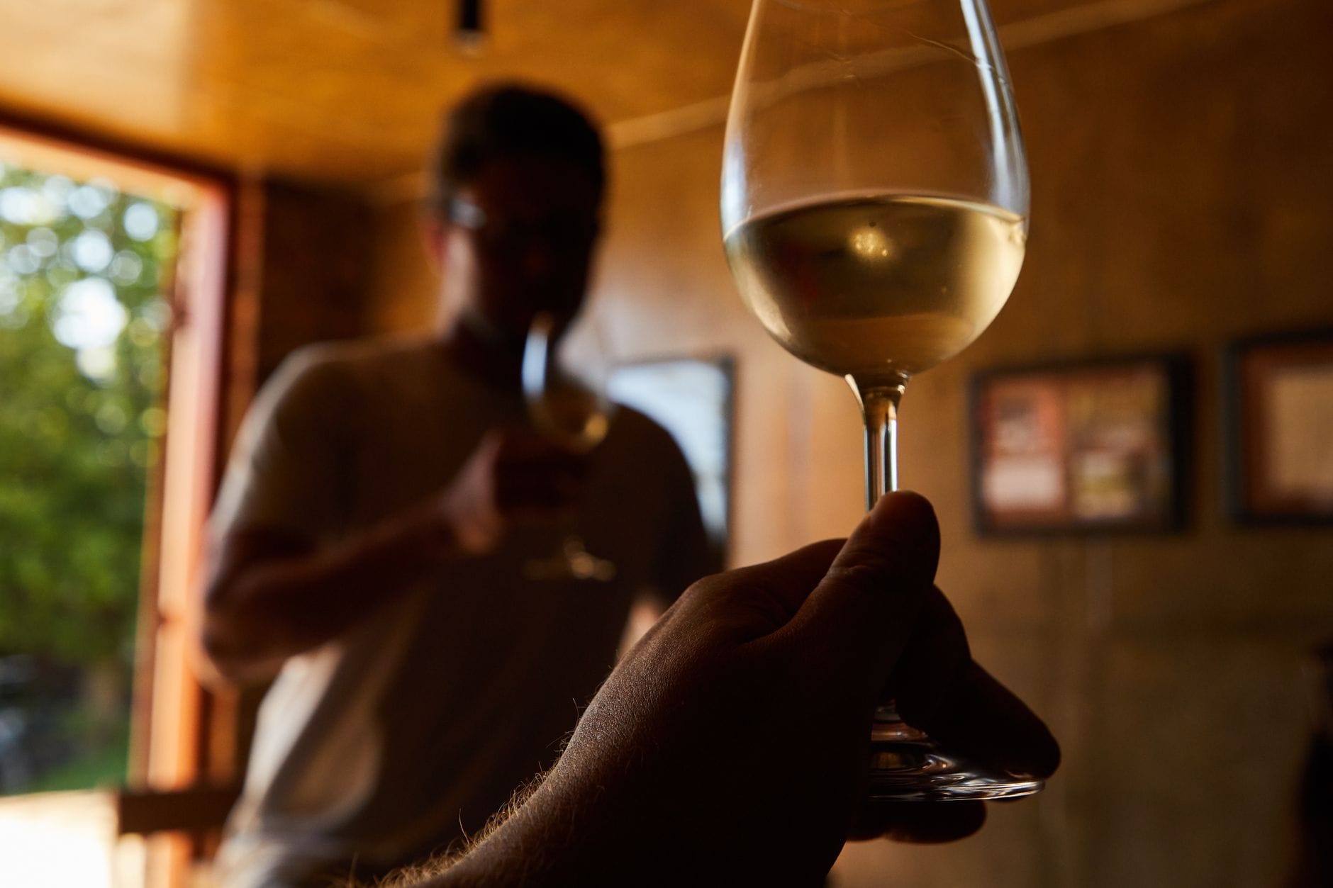 Dwie osoby degustują białe wino w przytulnym wnętrzu