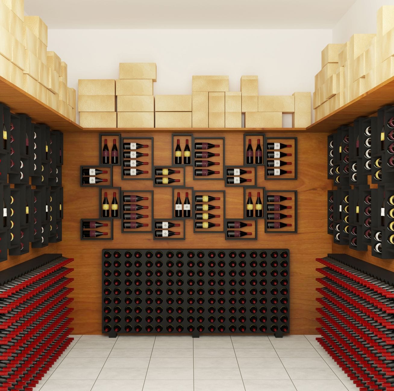 Elegancka domowa piwniczka z winem Bordeaux na drewnianych półkach