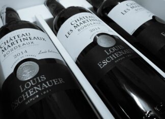 Zbliżenie na butelki wina Bordeaux Château Martineaux